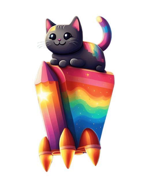 Chat sur une fusée arc-en-ciel